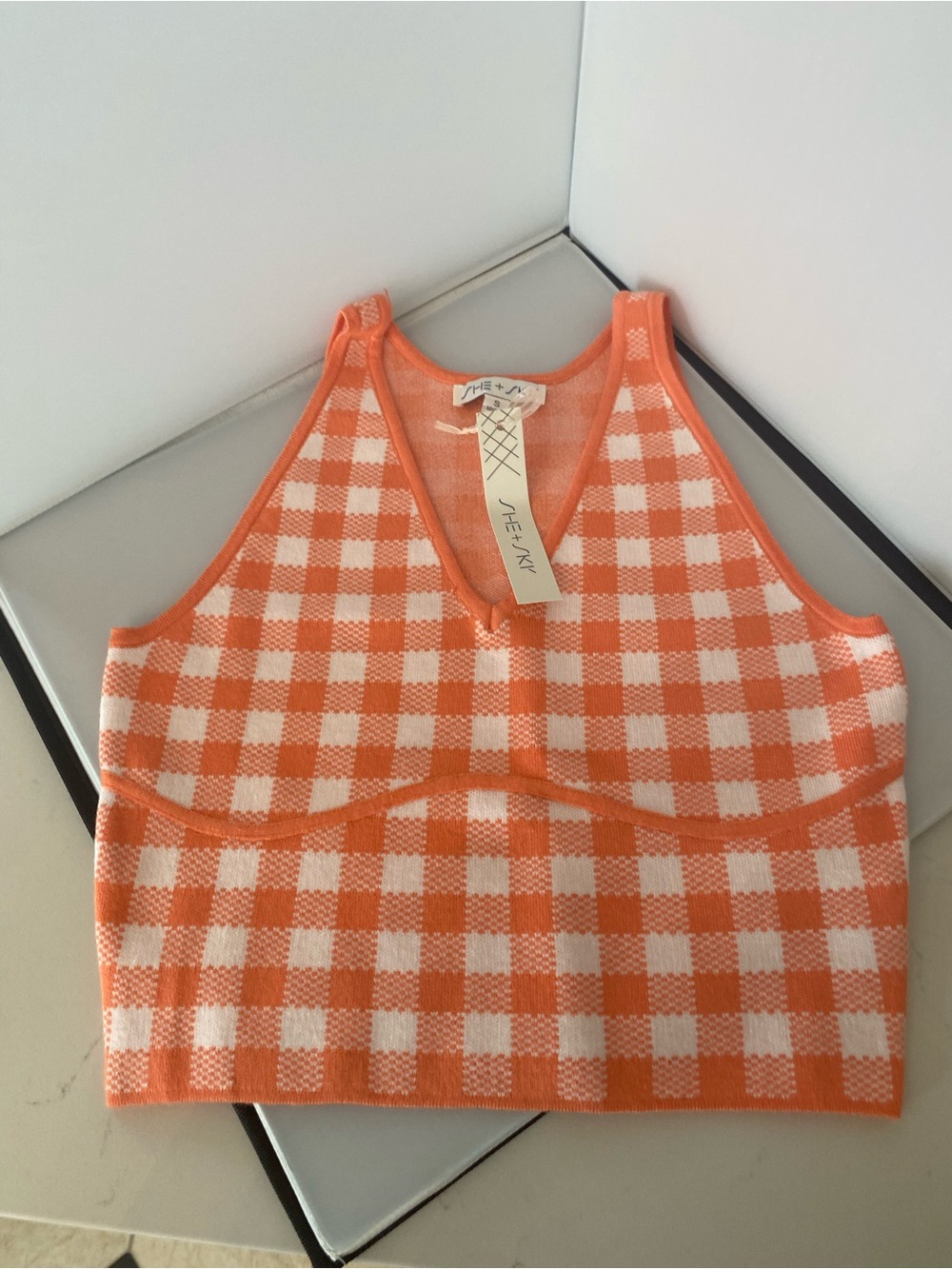 NWT She + Sky Orange and White Gingham Knit Tank size small